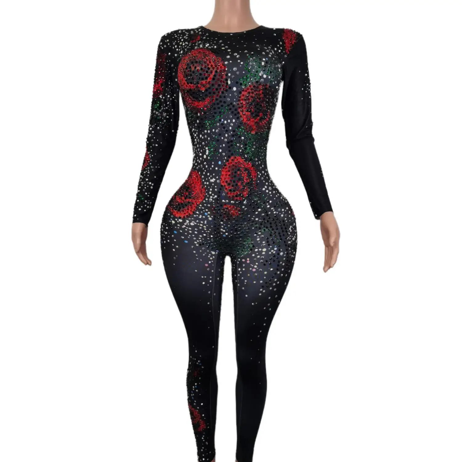 Top Trends: Fashion Women&#039;s Rose Pattern Rhinestone Skinny Jumpsuit Female Party Nightclub Costume Singer Stage Performance Clothes Meiguiku Shoppable Styles