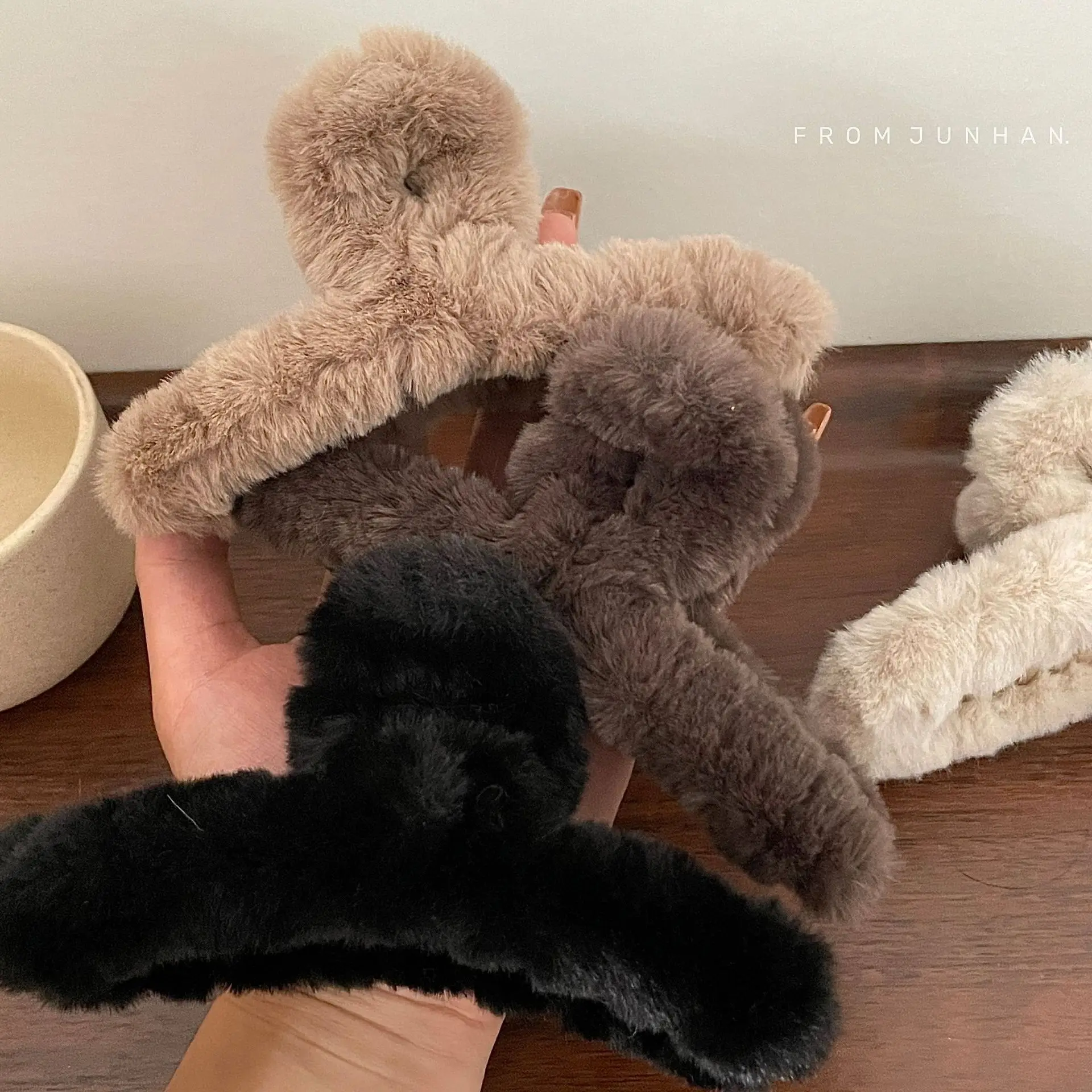 Top Trends: Soft Milk Coffee Color Series Imitation Fur Rabbit Fur Back Head Updo Hair Claw Warm Large Plush Shark Clip Barrettes Hair Claws Shoppable Styles