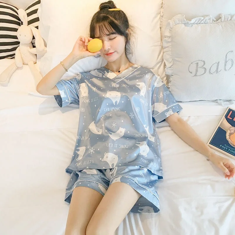 Top Trends: Pajamas Women Summer Thin Section V-neck Imitation Silk Ice Silk Short-sleeved Sleepwear Ladies Home Service 2-piece Pajamas Shoppable Styles