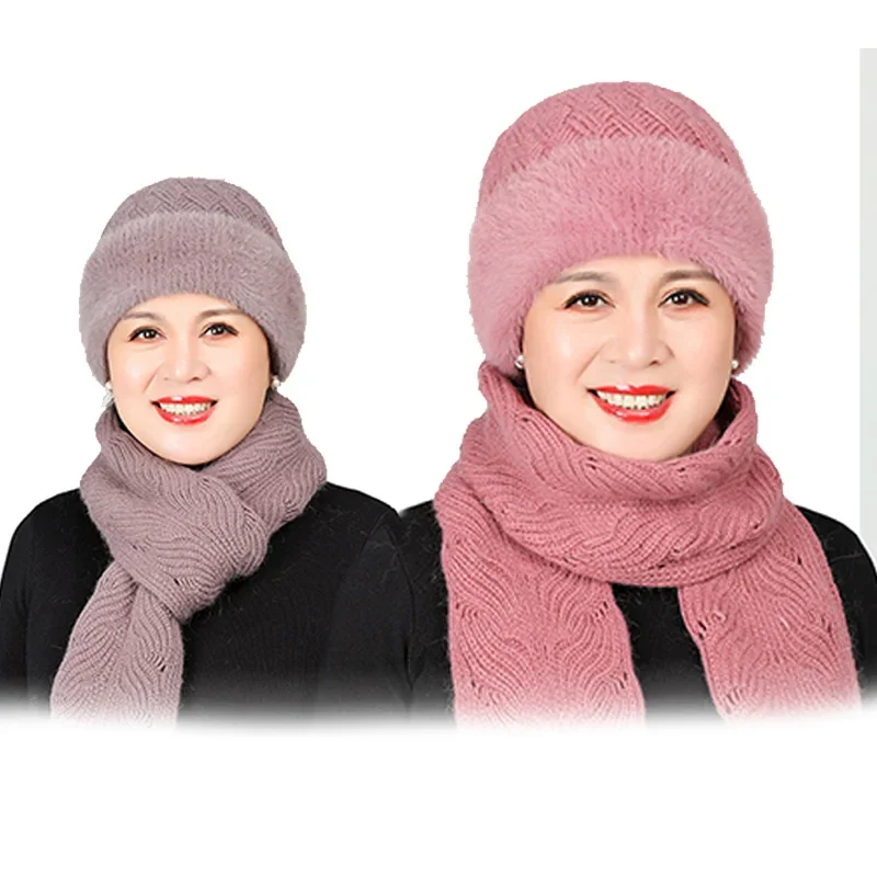 Top Trends: Winter Women Hat Scarf Set Elderly Mother Warm Rabbit Fur Knitted Hats Cashmere Mom Gift Grandma Cap Shoppable Styles