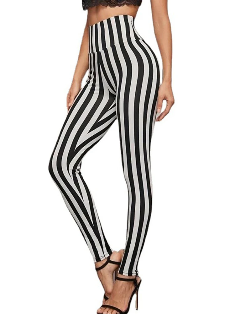 Top Trends: Black White Striped Printed Leggings Sexy Women Fashion High Waist Elastic Gym Workout Pencil Pants Fitness Jeggings Shoppable Styles