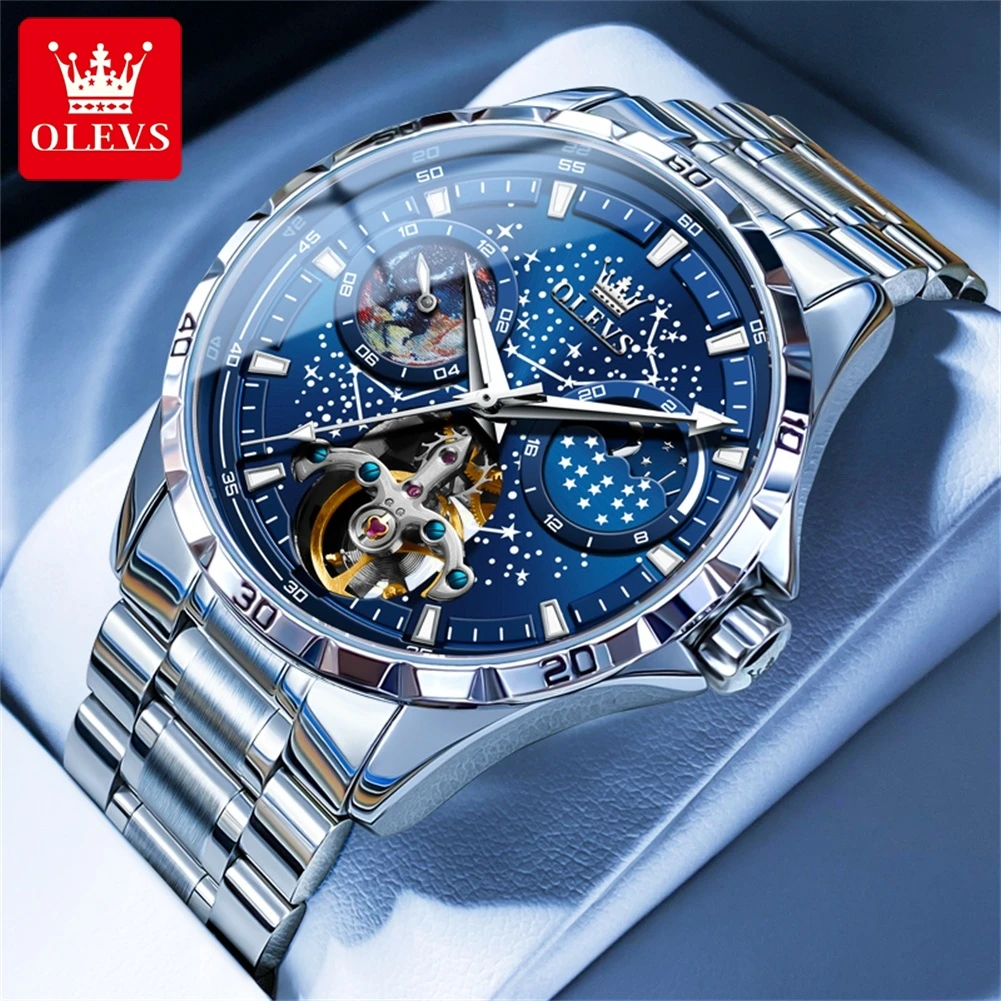 Top Trends: OLEVS Fashion Starry Sky Dial Mechanical Watch For Men Stainless Steel Waterproof Automatic Moon Phase Tourbillon Watches Mens Shoppable Styles