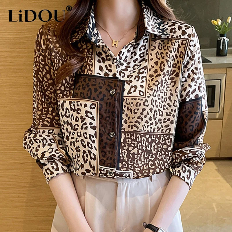 Top Trends: 2022 Spring New Leopard Patchwork Print Satin Shirt Women Korean Style Polo Neck Long Sleeved Blouses Elegant Fashion Casual Top Shoppable Styles