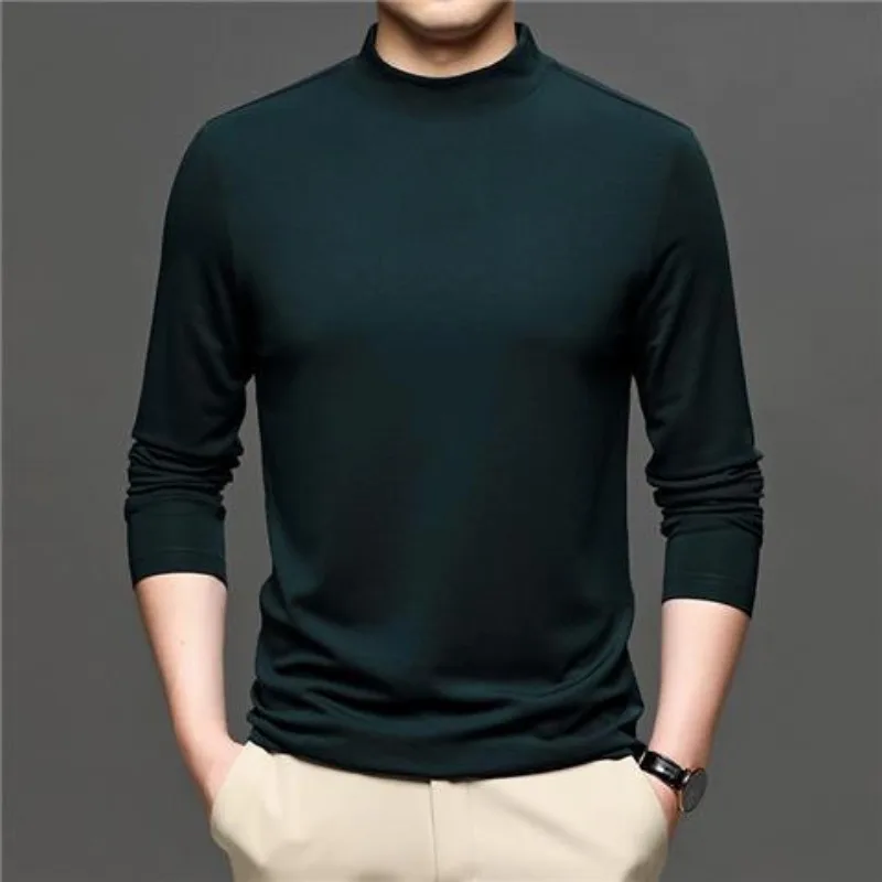 Top Trends: Korean Business Casual Autumn Winter New Half High Collar Long Sleeved T-shirt Men's Solid Patchwork Cotton Loose Versatile Top Shoppable Styles