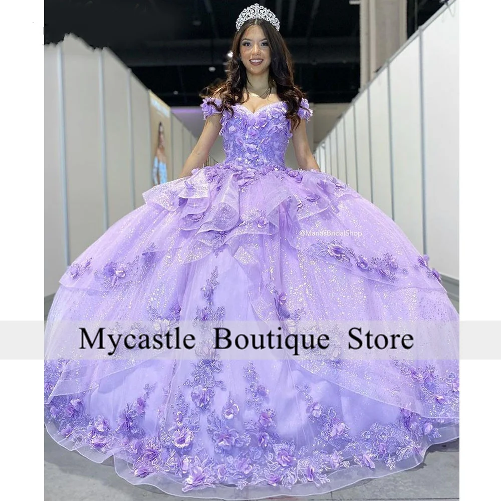 Top Trends: Princess Lilac Off Shoulder Ball Gown Quinceanera Dresses 2023 Beaded 3D Flowers Ruffles Sweet 16 Dress Birthday Gowns Lace-up Shoppable Styles