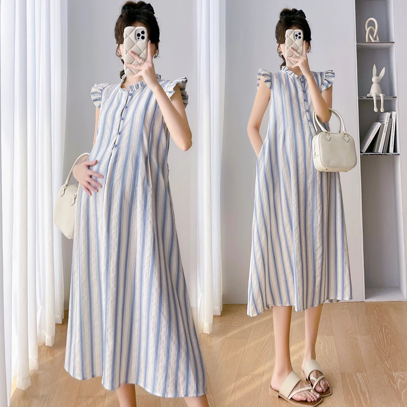 Top Trends: 2024 Summer Maternity Striped Long Dress Petal Sleeve Pregnant Woman Cotton Linen Dress Sweet Sleeveless Pregnancy A-line Dress Shoppable Styles