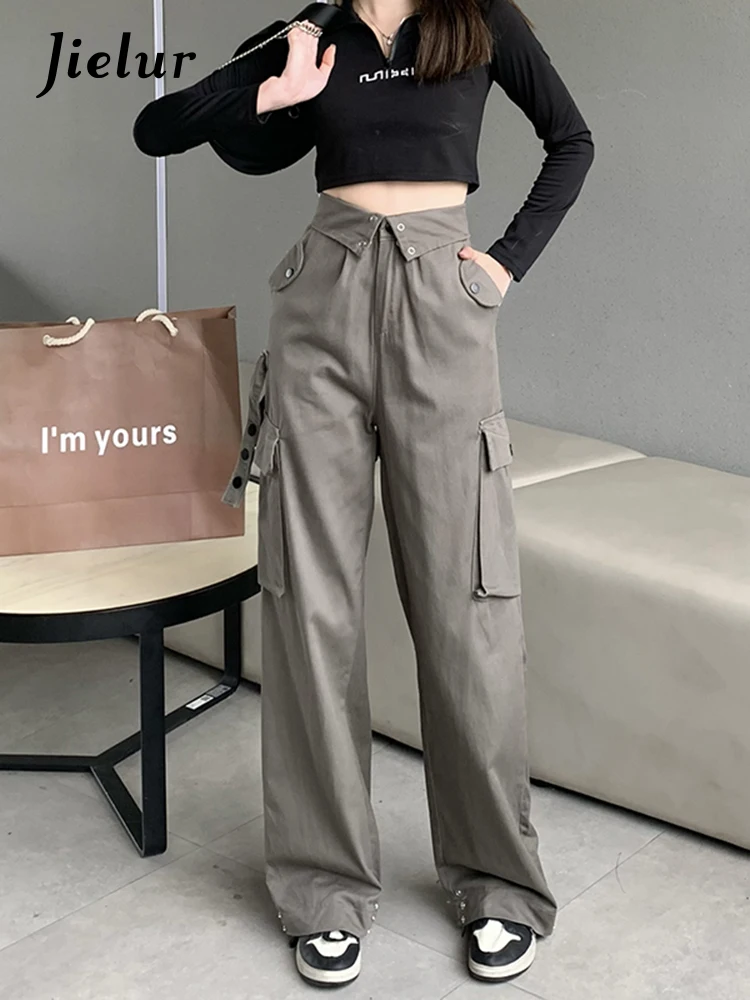 Top Trends: Jielur American Street Simple Cargo Pants Female Casual Loose Slim Women Straight Pants Gray High Waisted Fashion Woman Pants Shoppable Styles