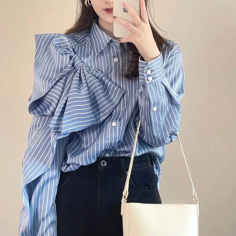 Top Trends: Fashion Printed Spliced Butterfly Sleeve Lace Up Bow Striped Shirt Women's Clothing 2023 Spring New Casual Tops Sweet Shirt Shoppable Styles