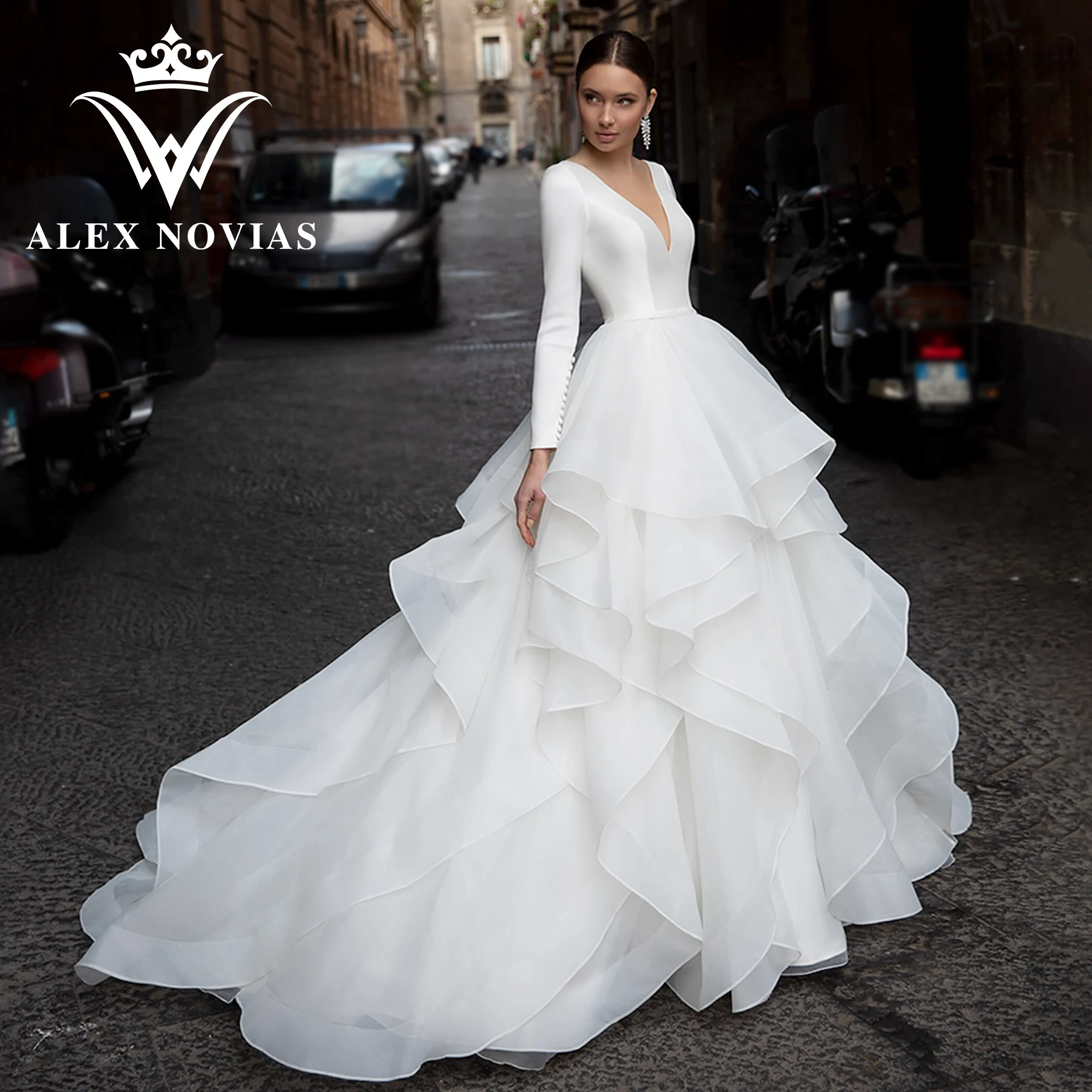 Top Trends: ALEX NOVIAS Long Sleeve Satin Wedding Dress 2023 Classy V-neck Ruffles Organza Wedding Gown Vestido Novias De Saten Shoppable Styles