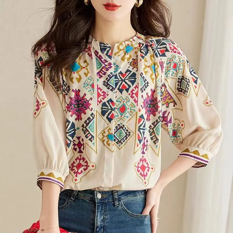 Top Trends: Elegant Summer Fashion Loose Single-breasted Printing Blouse Women 3 / 4 Sleeve Slim Office All-match O-collar Chiffon Lady Shirt Shoppable Styles