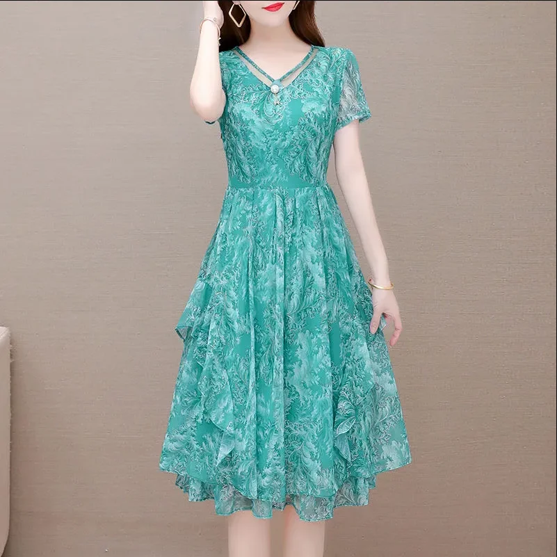 Top Trends: M-5XL Plus Size Women Dress Temperament Embroidery Graphic Elegant Dresses Female Knee Skirts Retro Thin Summer Dignified Shoppable Styles