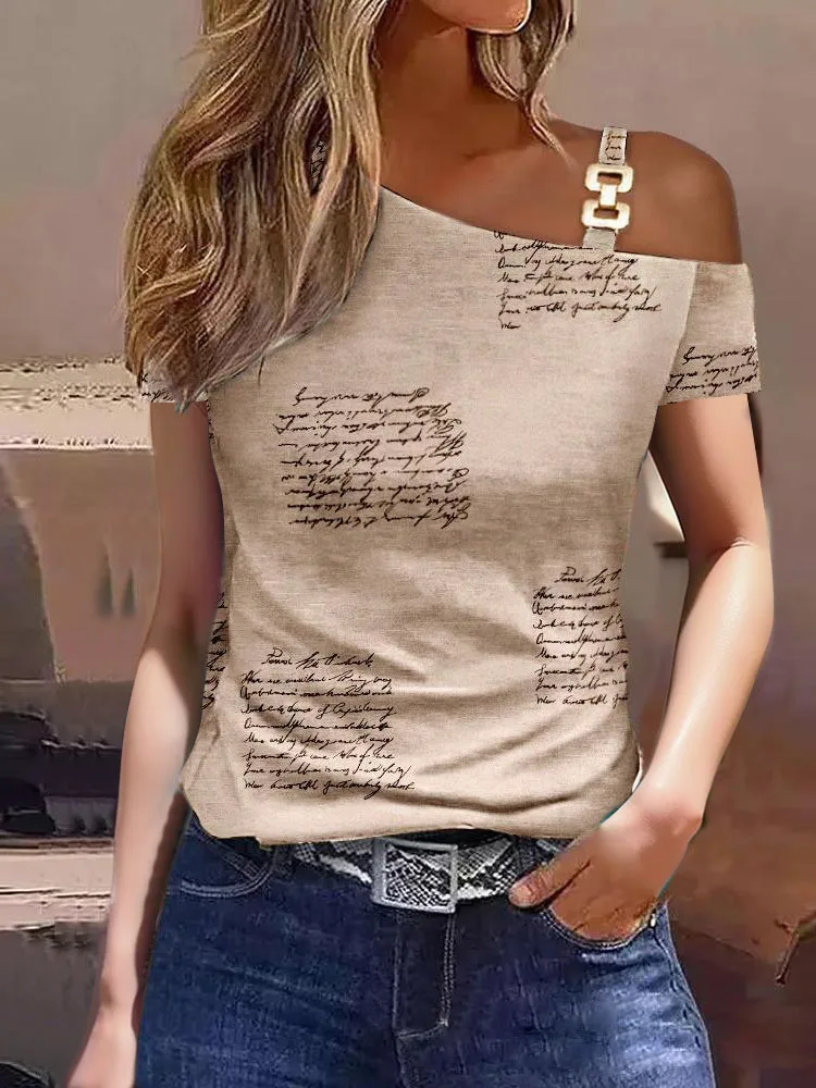 Top Trends: Casual T-shirts Top Women 2023 Trendy Fashion Summer Female Metal Sheets Off Shoulder Slim Top All-Match Color Contrast Pullover Shoppable Styles