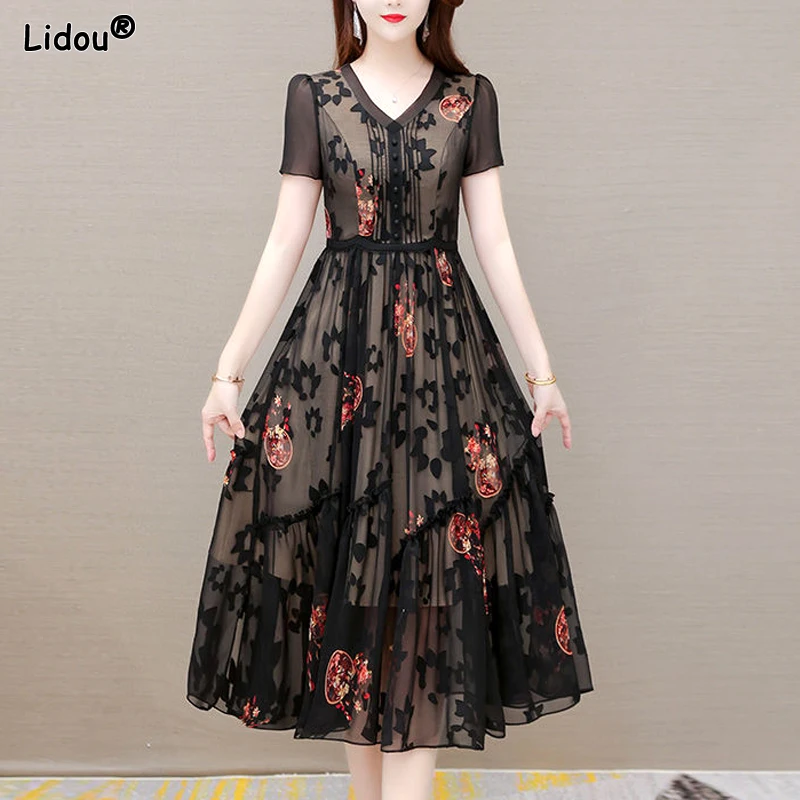 Top Trends: Intellectual Lace Gauze Temperament Printing Knee Skirts Dresses V-neck Elegant Thin Summer Fashion Casual New Women's Clothing Shoppable Styles