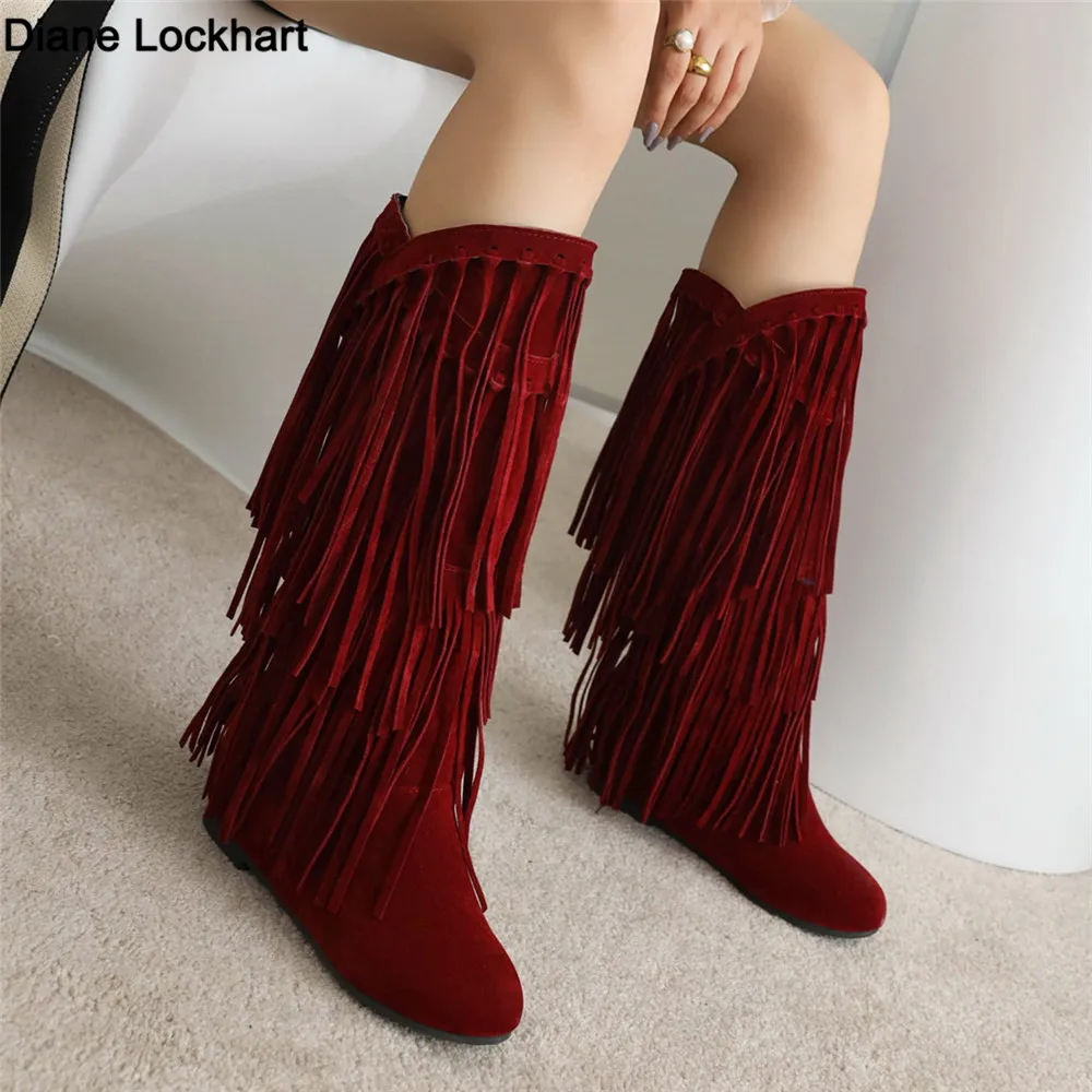 Top Trends: 2023 Fashion Ethnic Woman Bohemian Flock Tassle Hidden Moccasin Mid-Calf Boots Fringe Female Slip On Shoes Autumn Winter New Shoppable Styles