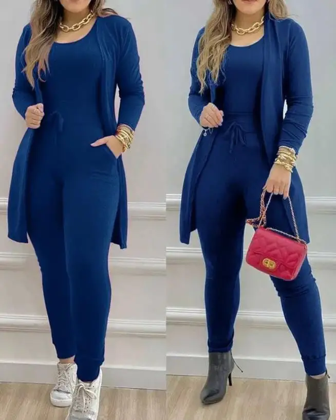 Top Trends: Two Piece Set Women Outfit 2023 Spring Fashion Casual Round Neck Sleeveless Jumpsuit & Pocket Design Open Front Longline Coat Shoppable Styles