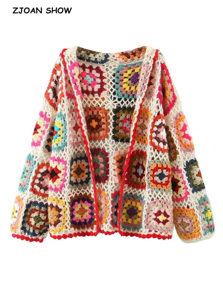 Top Trends: 2022 BOHO Colored Plaid Flower Hand Crochet Hooded Cardigan Ethnic Woman Open Stitching Full Sleeve Sweater Beach Short Jumper Shoppable Styles