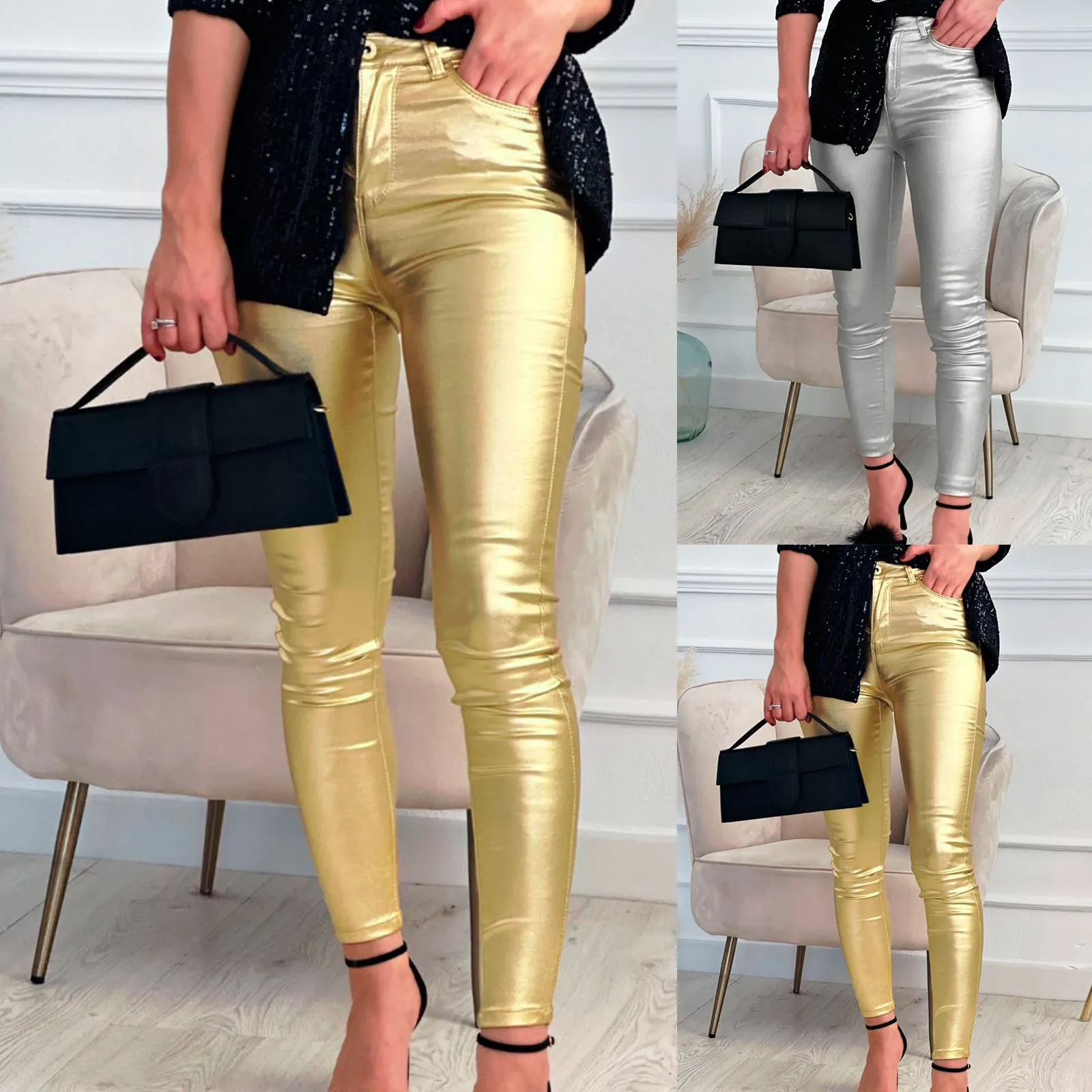 Top Trends: Women's Fashion Silver Gold Party Leather Pants Mardi Gras Vintage Glitter Party Trousers Solid Colour High Waist Slim Trousers Shoppable Styles