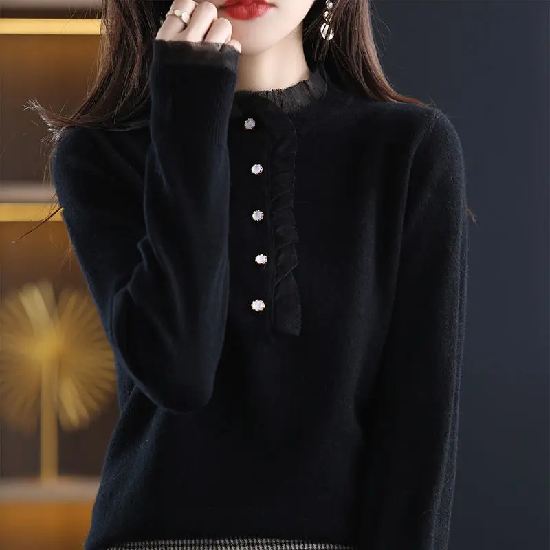 Top Trends: Autumn Winter Sweet Lace Patchwork Sweaters Women Jumper Loose Casual Pullover Elegant Fashion Knitting All-match Female Clothes Shoppable Styles - Image 6