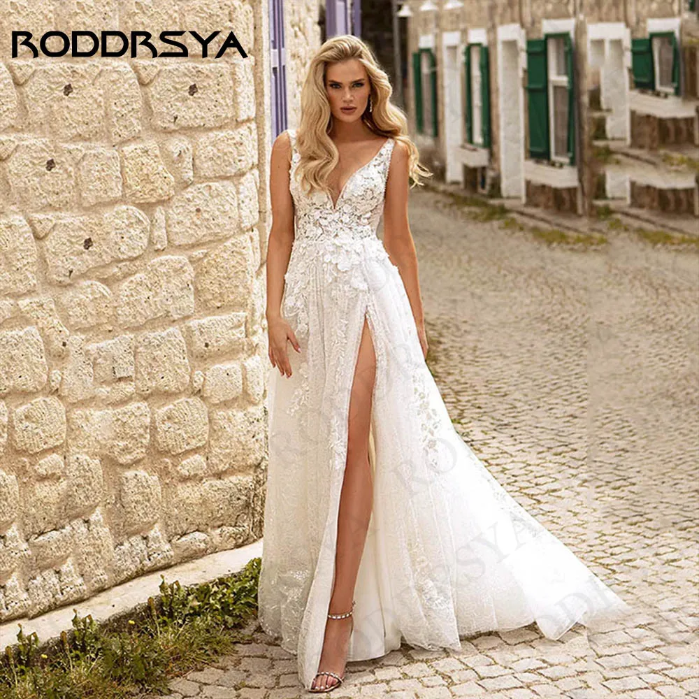 Top Trends: RODDRSYA Boho High Slit Wedding Dresses Beach V-Neck Tulle Bridal Elegant A Line Lace Appliques Sleeveless Vestidos De Novia Shoppable Styles