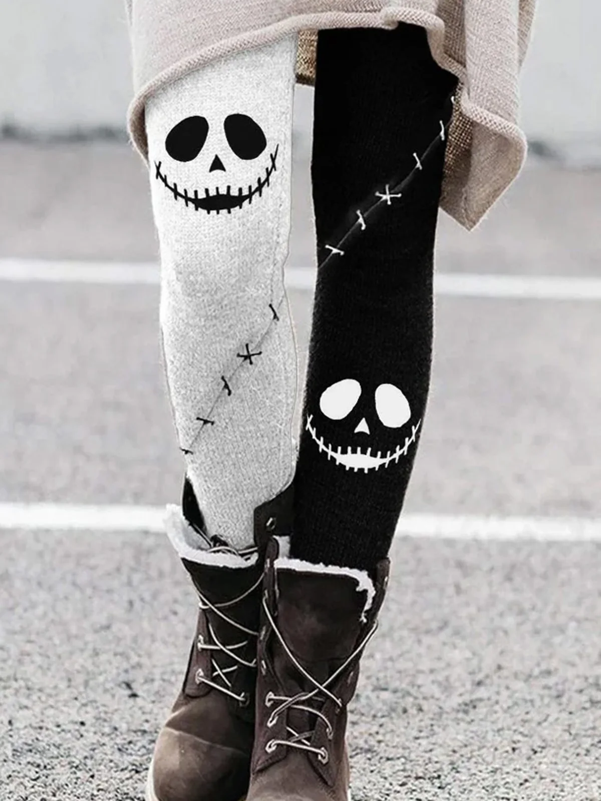 Top Trends: Halloween Color Block Ghost Face Skinny Leggings Printed Stretch High Waist Tummy Control Body Female Party Zombie Carnival Shoppable Styles