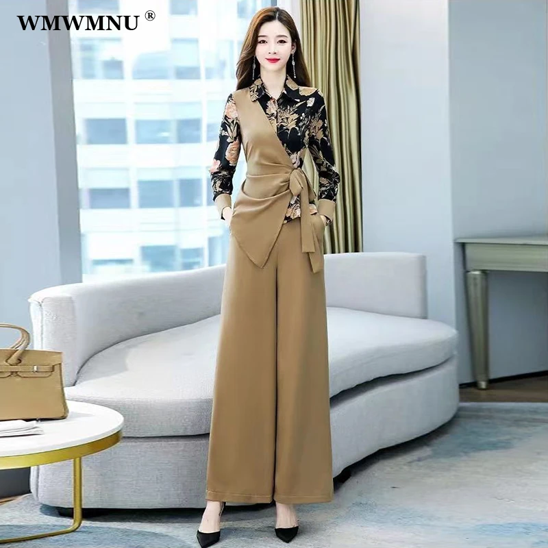 Top Trends: Korean Irregular Print Patchwork Lace Up Shirts And Fashion High Waist Wide Leg Pants Suit Elegant Two Piece Set Women Outfits Shoppable Styles