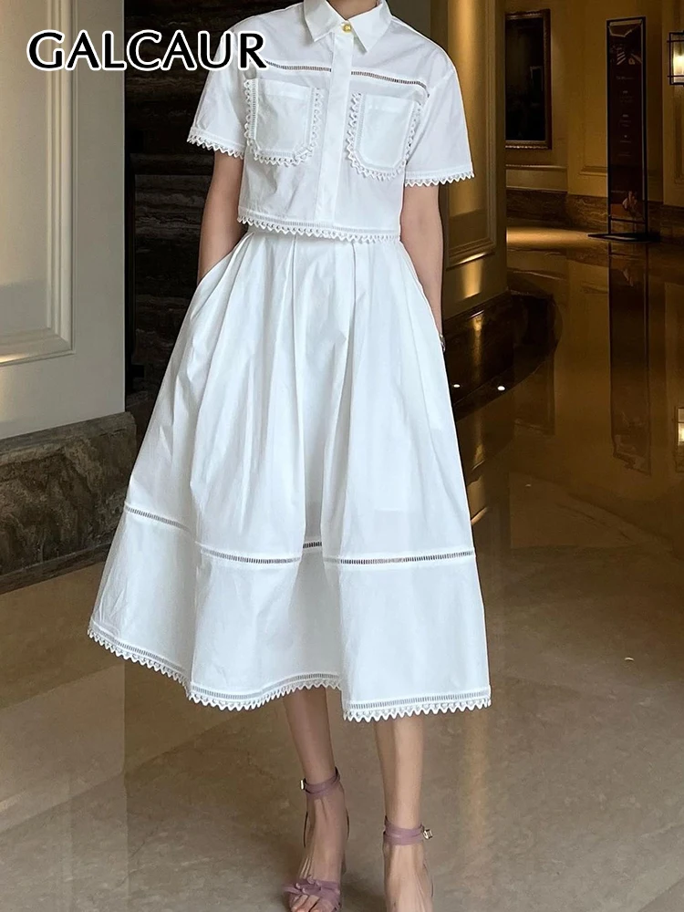 Top Trends: GALCAUR Elegant Two Piece Sets For Women Lapel Short Sleeve Tops High Waist A Line Pleated Skirts Solid Set Female Summer 2023 Shoppable Styles