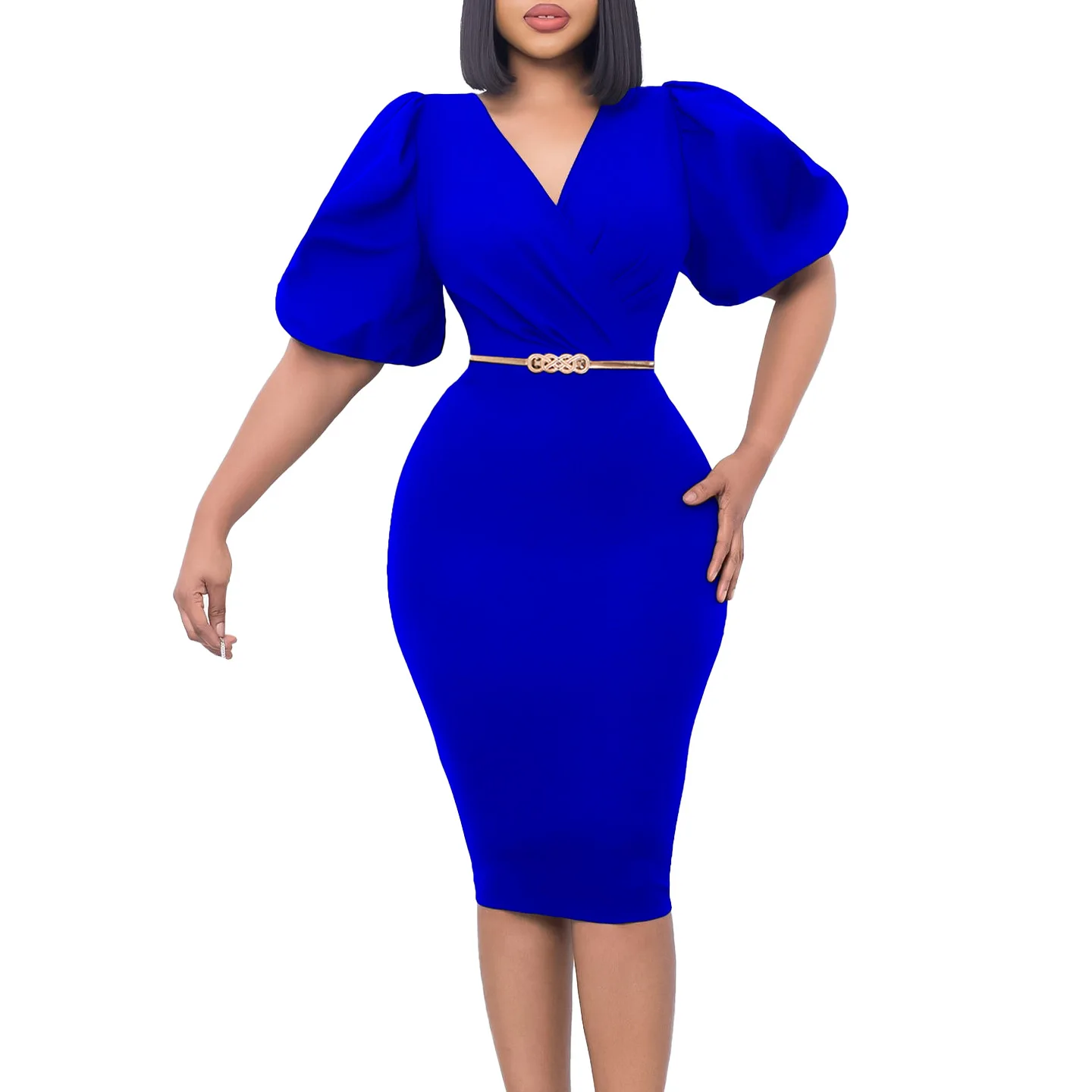 Top Trends: Polyester African Dresses For Women 2023 Dashiki Bodycon African Clothes Elegant Half Sleeve V-neck Knee-length Dress With Belt Shoppable Styles