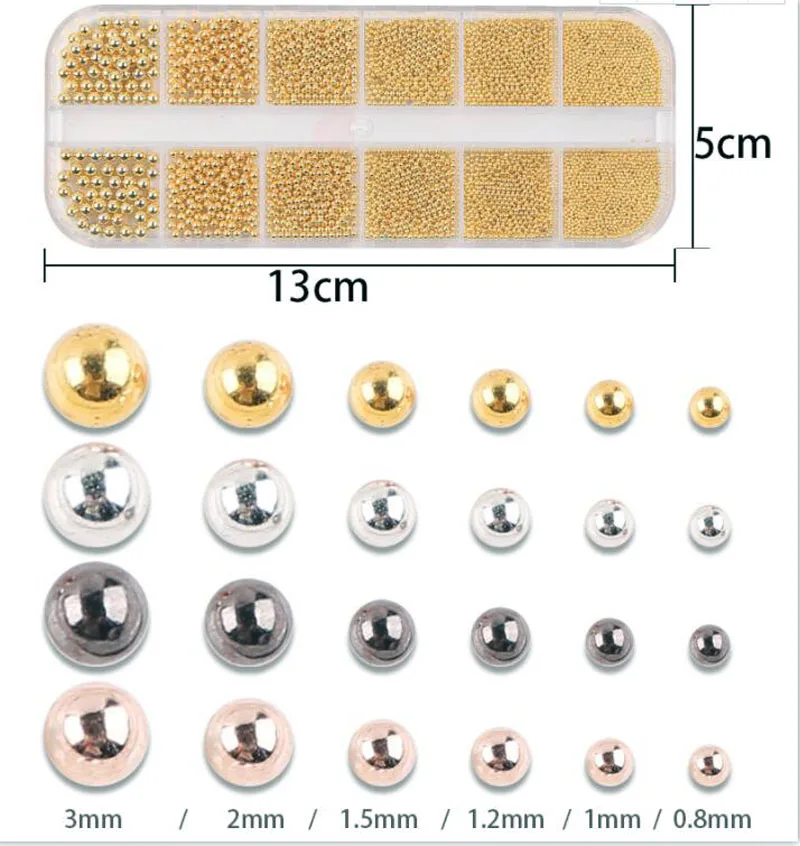 Top Trends: 6Sizes 0.8-3.0mm Gold / Silver Nail Art Metal Round Beads 12Grids / Box Stainless Steel Ball Bead Micro Steel Ball Nail Studs Design Shoppable Styles