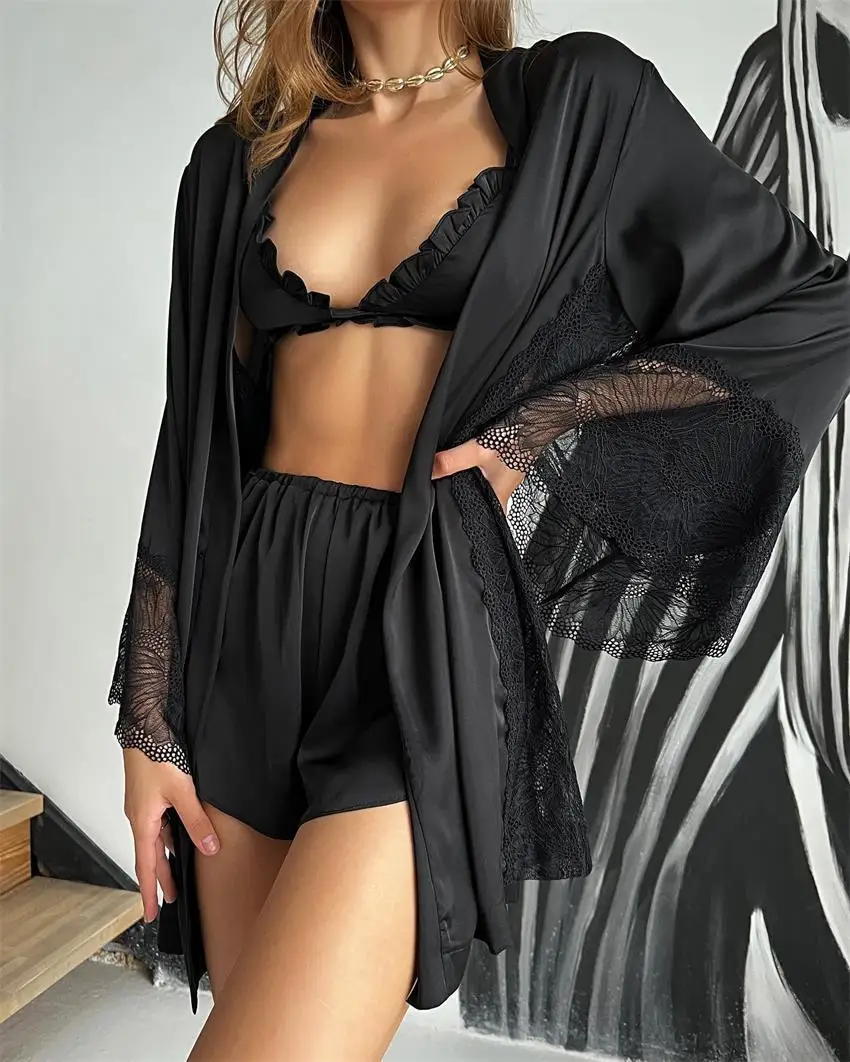 Top Trends: Pajama Sets Patchwork Lace Robe Sets With Bra Satin Sexy Underwear Set Woman 3 Pieces Sleepwear Sets Bathrobes 2023 Nightwear Shoppable Styles - Image 3