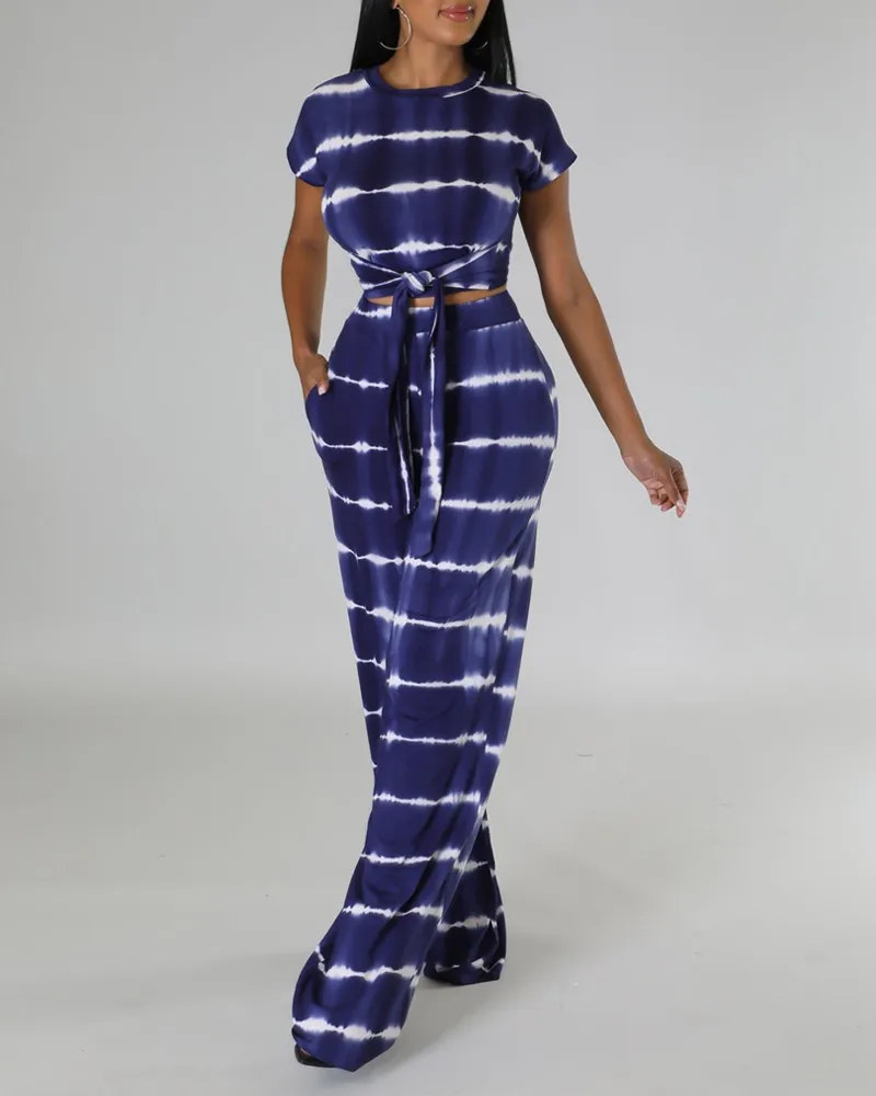 Top Trends: 2023 Elegant Office Two Piece Set Women Fashion Casual Stripe Print O Neck Short Sleeve Bandage Tshirt Wide Leg Pants Tracksuit Shoppable Styles