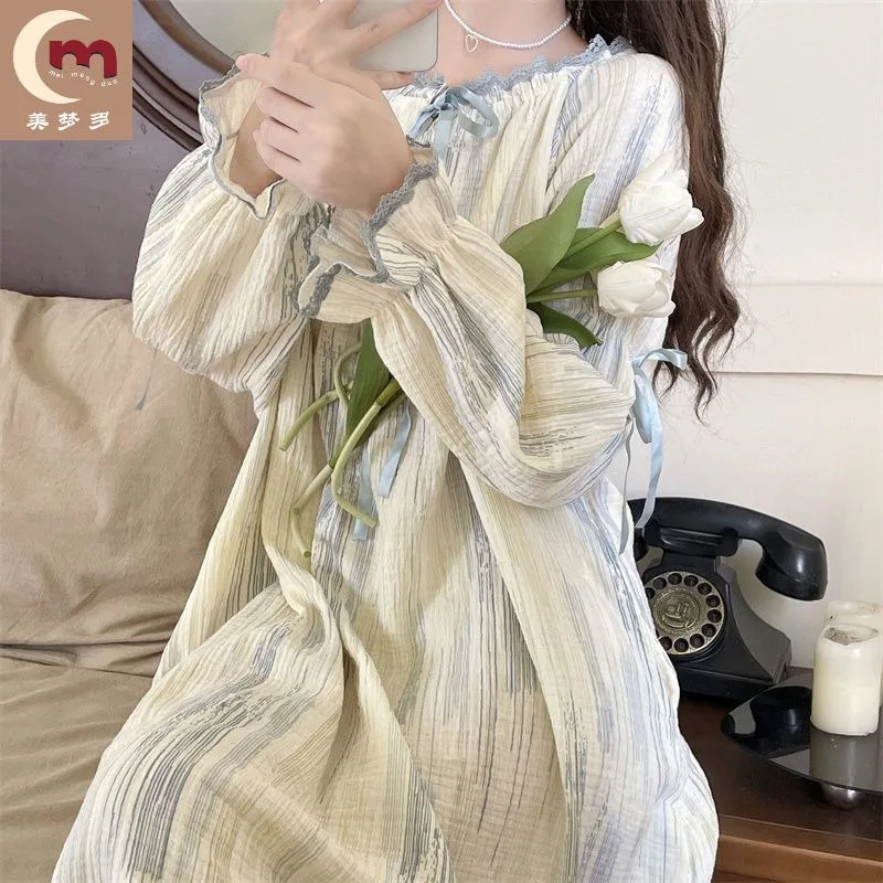 Top Trends: 100% Cotton Pajamas Female Spring And Autumn Long Sleeve Kawaii Can Be Worn Outside Loose Solid Color Summer Dress Shoppable Styles