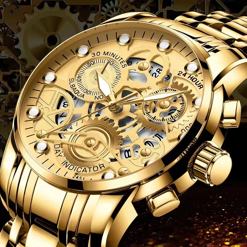 Top Trends: 100% Original Fashion Luxury Stainless Business Waterproof Gold Watch For Men Hollow Quartz Luminous Calendar Shoppable Styles