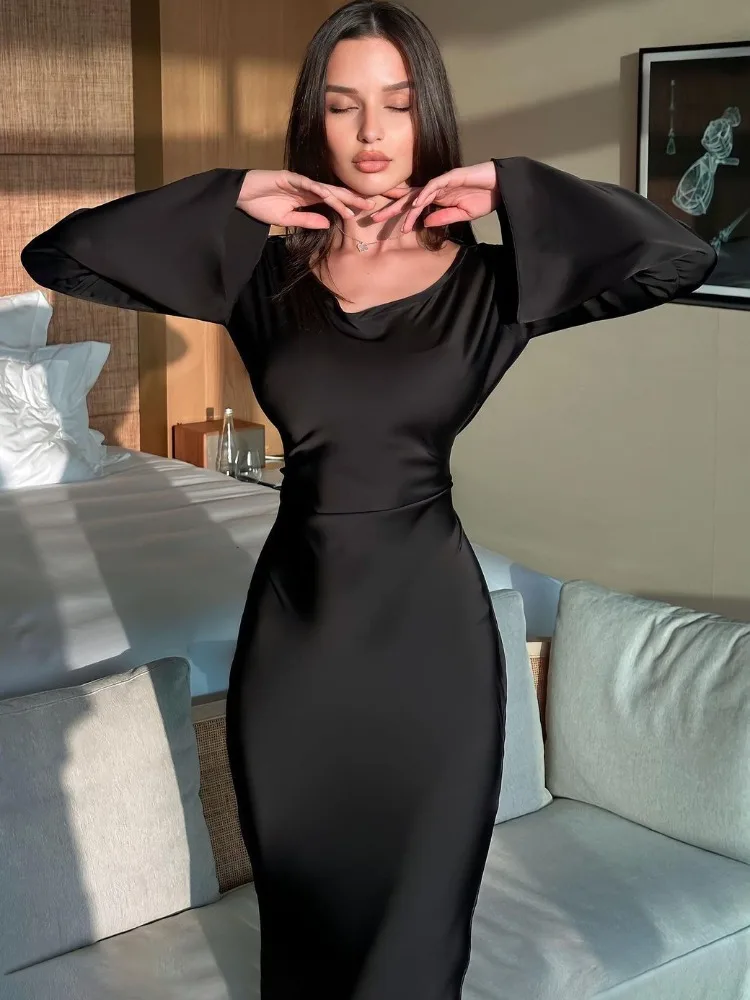 Top Trends: Tossy Black Satin Bandage Maxi Dress Women Slin High Waist Fashion Patchwork Elegant Long Sleeve Dress Ladies Gown Long Dress Shoppable Styles