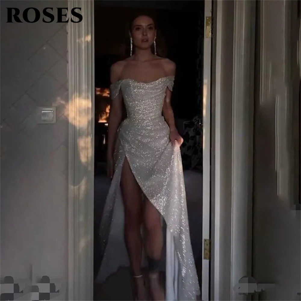 Top Trends: ROSES Off Shoulder Ivory Prom Dress Sequin Shiny Party Dress Sheath Celebrity Gowns Popular Wedding Party Dress вечерние платья Shoppable Styles