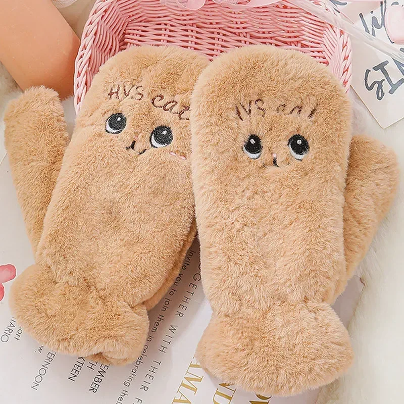 Top Trends: Women Winter Warm Plush Gloves Cute Cartoon Cat Embroidery Glove Warmer Thicken Windproof Mitten Soft All-Inclusive Mittens Shoppable Styles