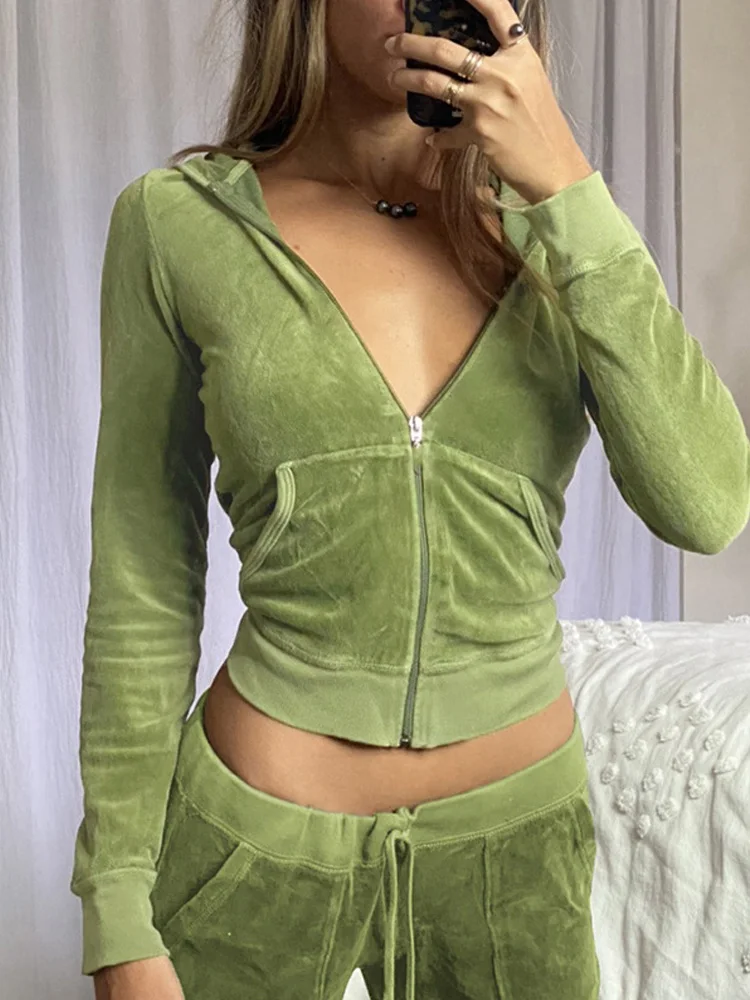 Top Trends: Casual Soild Silm Fit Velvet Hooded For Women Clothes Long Sleeve Top Lace-Up Full Length Pant Office Lady Zipper Two Peice Sets Shoppable Styles