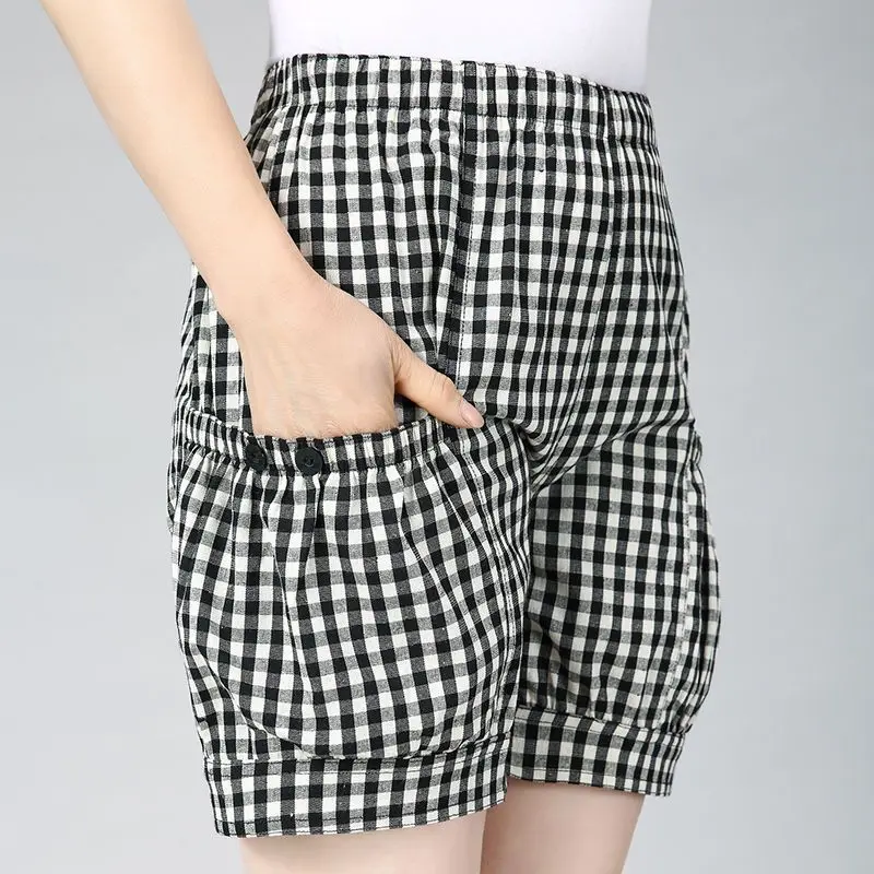 Top Trends: Summer Women Thin Casual Plaid Shorts Korean Fashion Female Clothing Elastic High Waist All-match Cotton Home Loose Daily Pants Shoppable Styles