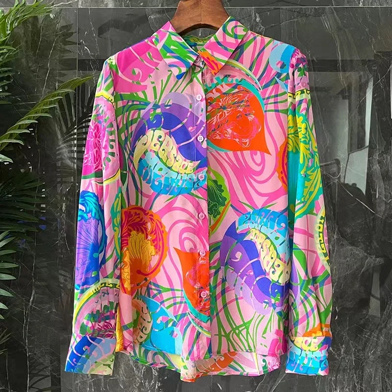 Top Trends: Silk Women's Shirt Loose Satin Printed Vintage Blouses Polo Neck Elegant Clothing Spring / Summer Fashion Full Tops YCMYUNYAN Shoppable Styles