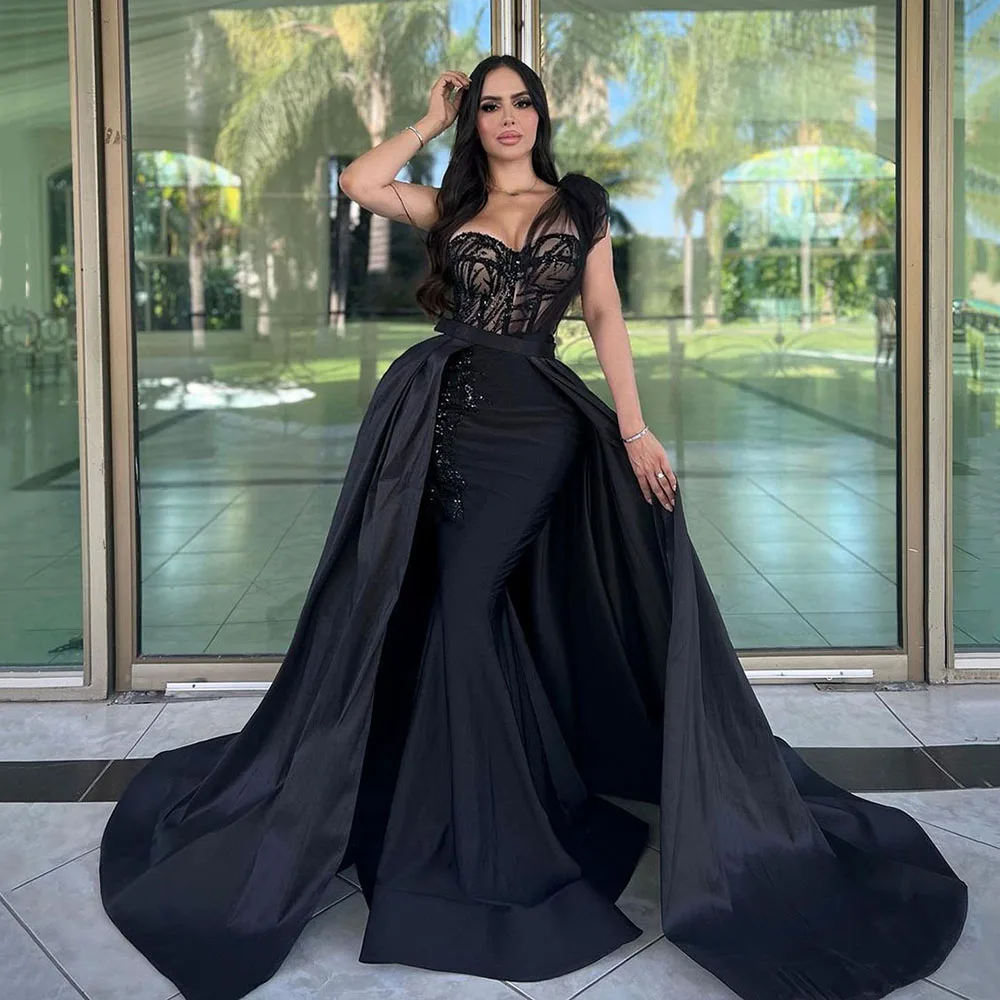 Top Trends: SoDigne Luxury Evening Dresses 2024 Black One Shoulder Lace Appliques Mermaid Formal Dress Detachable Train Prom Gowns Train Shoppable Styles