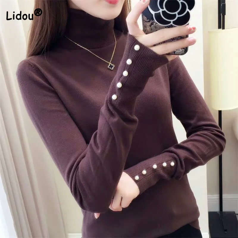 Top Trends: Elegant Fashion Beading Long Sleeve Turtleneck Sweaters Autumn Winter Female Solid Color All-match Basic Women&#039;s Knitted T-shirt Shoppable Styles