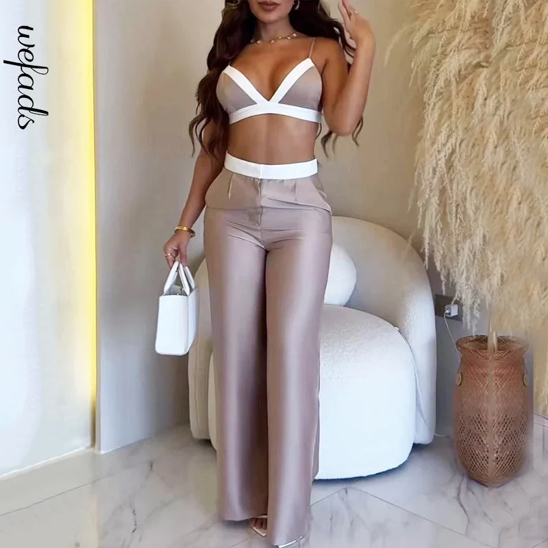 Top Trends: Wefads Women Two Piece Set Summer Sexy Colorblock Strap Backless Bikini Top High Waist Loose Pants Beach Party Set Streetwear Shoppable Styles