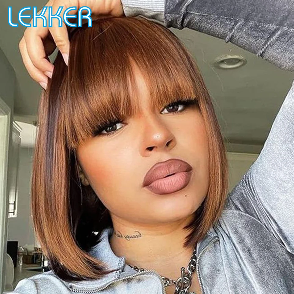 Top Trends: Lekker Wear To Go Ombre Brown Short Straight Bob Human Hair Wigs With Bangs For Women Brazilian Remy Hair Colored 12" Bob Wigs Shoppable Styles