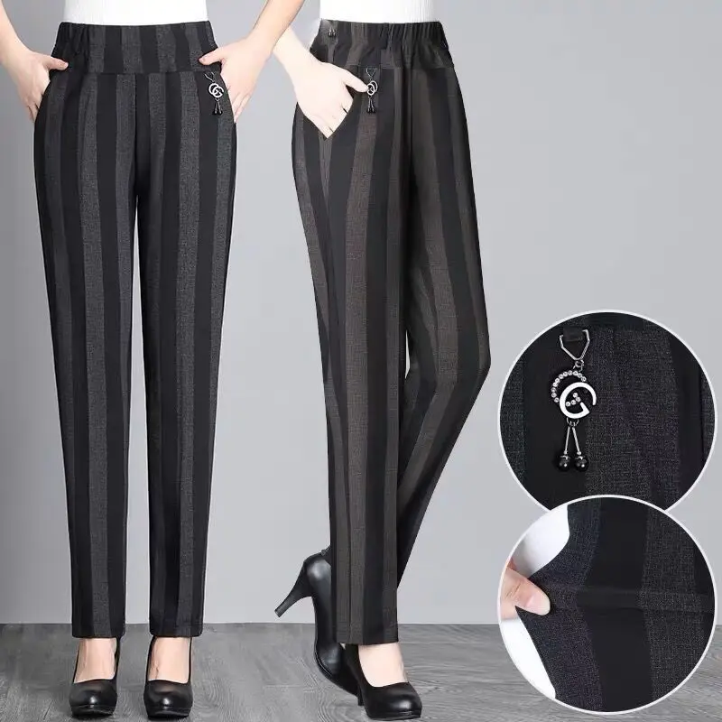 Top Trends: Diamond Vintage Women Striped Trousers Spring Autumn 5XL Female Fashion Loose High Waist Elastic Band Casual Straight Pants 2022 Shoppable Styles