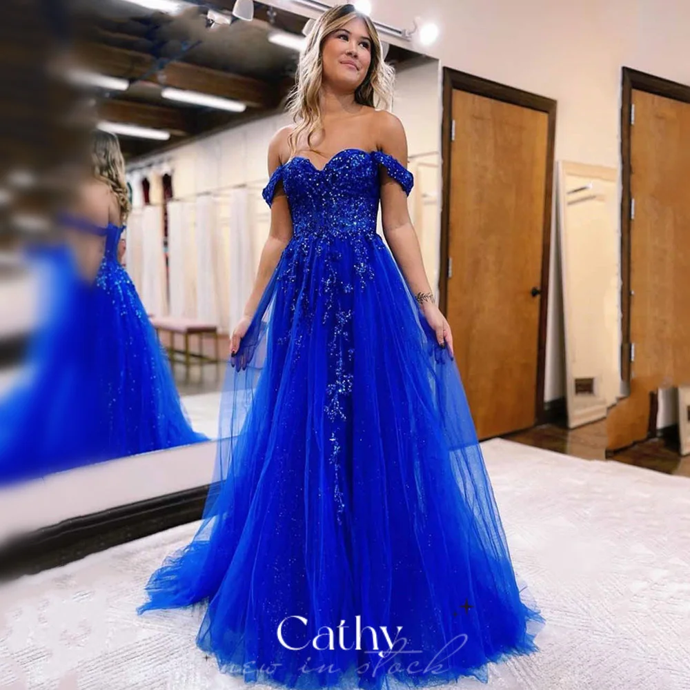 Top Trends: Cathy Sweet Sapphire Blue Prom Dress 2023 Lace Embroid Evening Dress Side Split فستان سهرة Off Shoulder Tulle Party Dresses Shoppable Styles