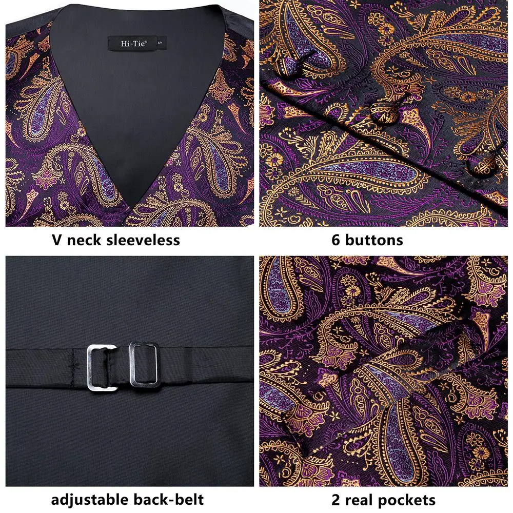 Top Trends: Purple Gold Silk Mens Vest Tie Set Jacquard Paisley Sleeveless Jacket Suit Waistcoat Necktie Hanky Cufflinks Wedding Business Shoppable Styles - Image 5