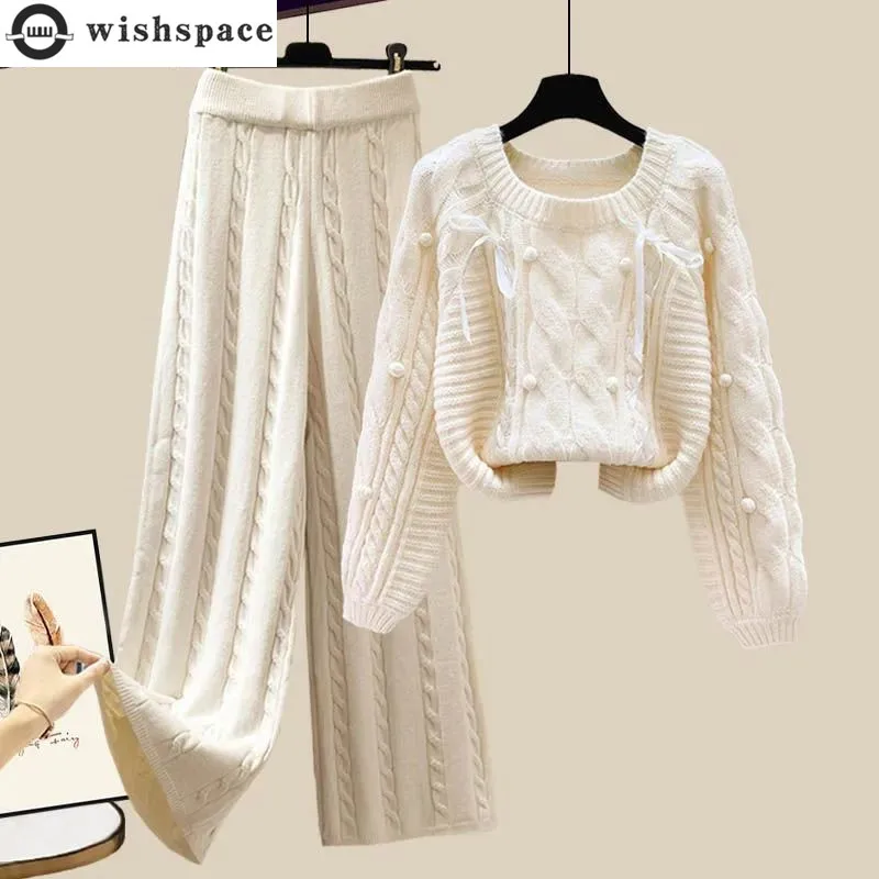 Top Trends: 2023 Winter New Ribbon Knitting Knitting Trade Pullover Fried Dough Twists Wide Leg Pants Two-piece Elegant Women&#039;s Pants Set Shoppable Styles