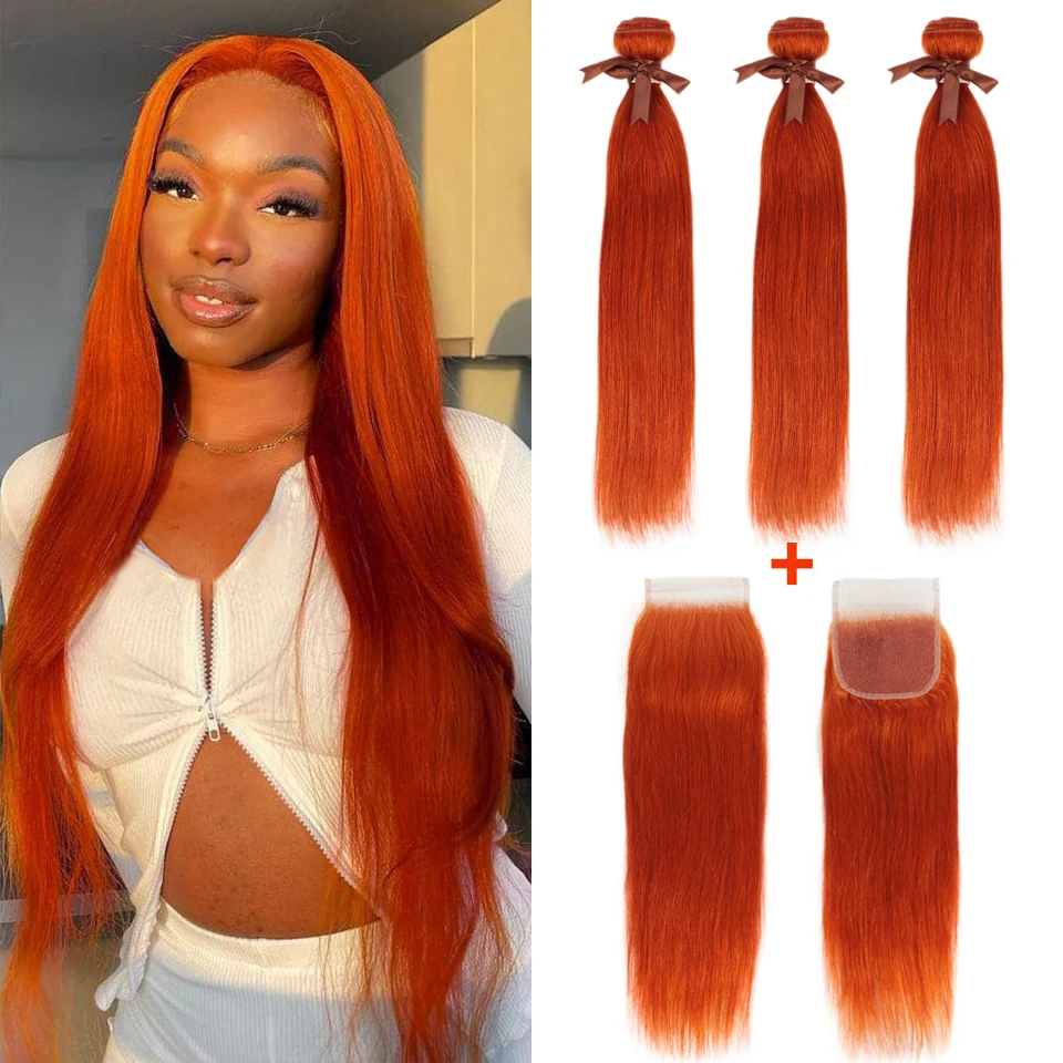 Top Trends: Orange Human Hair Bundles With Closure Straight Orange Colored Brazilian Hair Bundles With Hd 4X4 Free Part Lace Closure Shoppable Styles