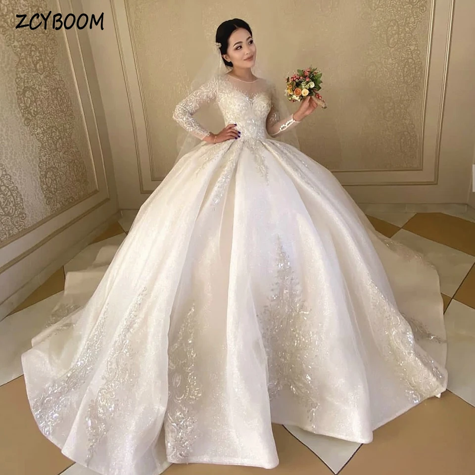 Top Trends: Luxury Lvory O-Neck Appliques Full Sleeves Wedding Dress 2023 Ball Gown Floor Length Sweep Train Lace Up Custom Made Bridal Gown Shoppable Styles