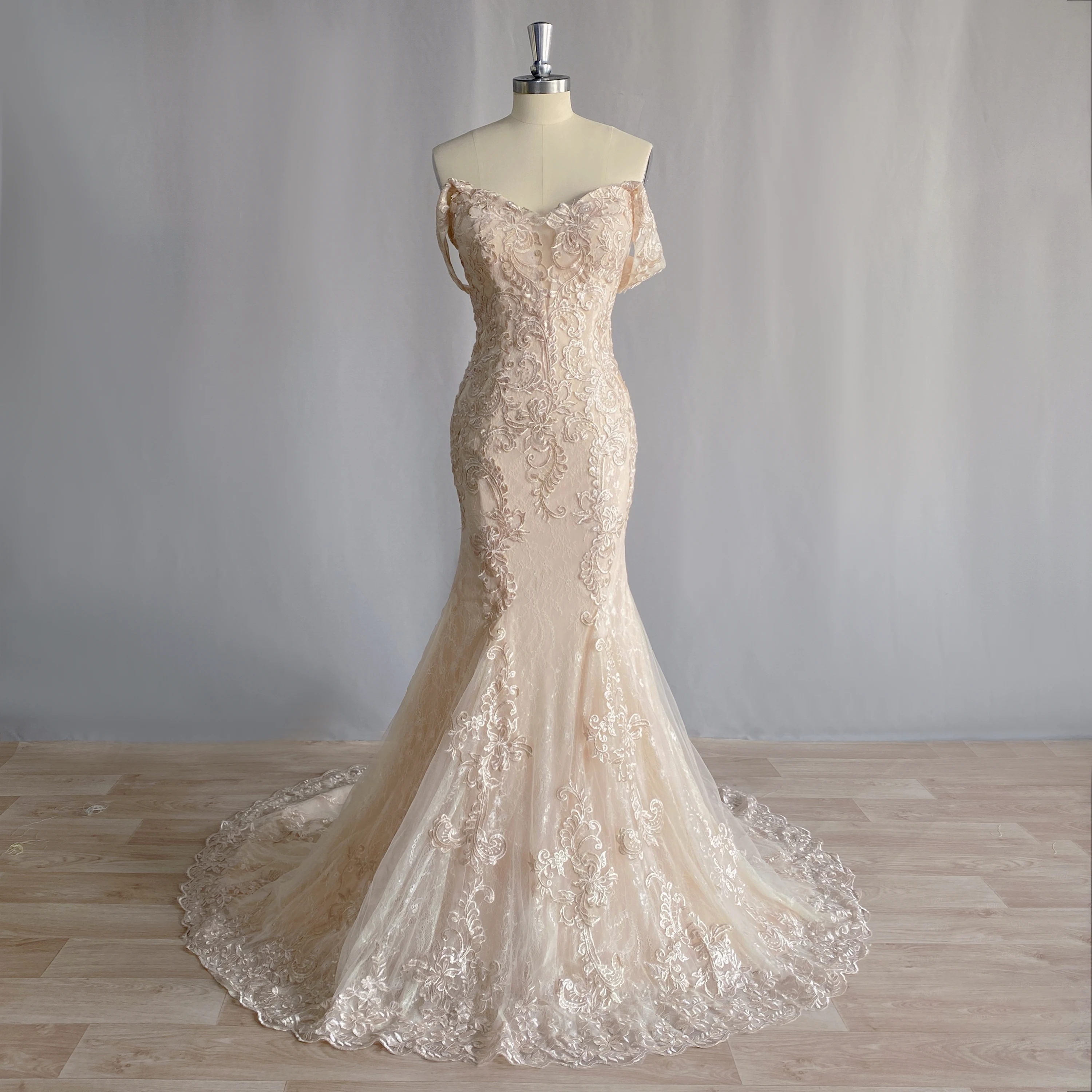 Top Trends: DIDEYTTAWL Champagne Off Shoulder Mermaid Wedding Dress Tulle Modern Lace Appliques Sleeveless Bridal Gown Sweep Train Shoppable Styles