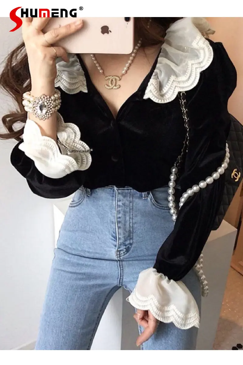 Top Trends: Lace Stitching Velvet Shirt Women's Spring Autumn High Sense Blouse Western Style Youthful-Looking Bell Sleeve Fashion Tops Shoppable Styles